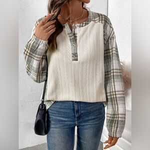 Perfee Plaid Half Button Long Sleeve T-Shirt 10010070409